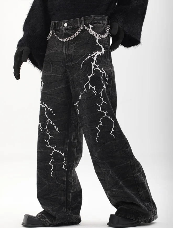 Y2K Lightning Embroidery Wide-Leg Jeans - Fuga Studios