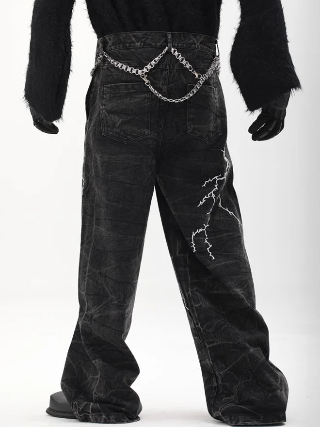 Y2K Lightning Embroidery Wide-Leg Jeans - Fuga Studios