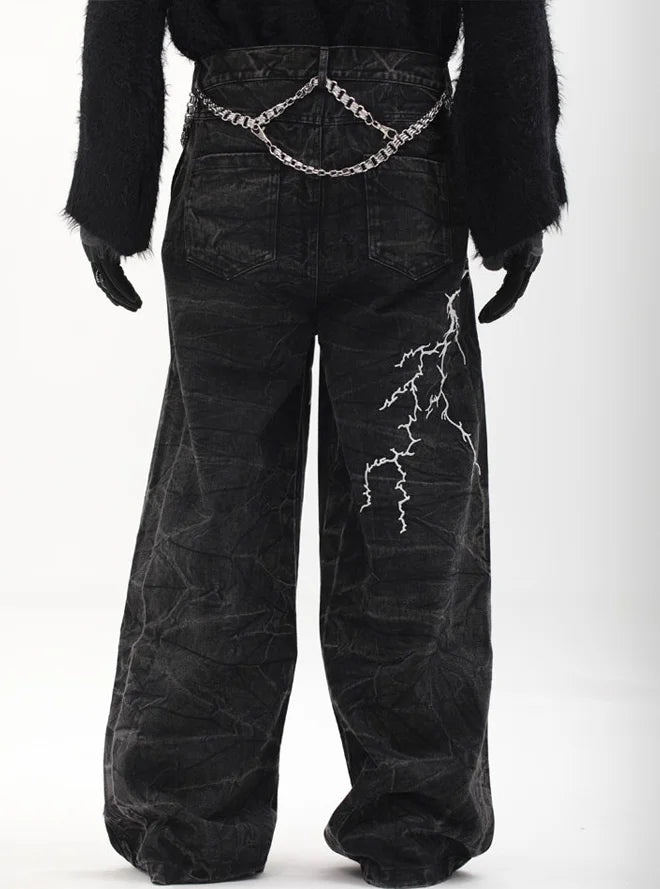 Y2K Lightning Embroidery Wide-Leg Jeans - Fuga Studios