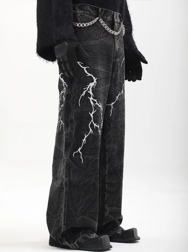 Y2K Lightning Embroidery Wide-Leg Jeans - Fuga Studios