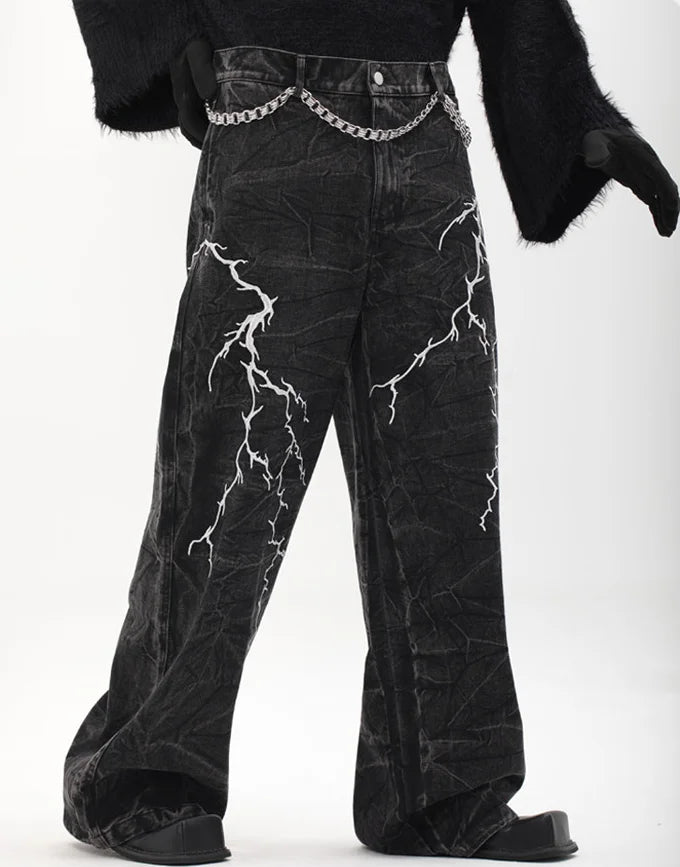 Y2K Lightning Embroidery Wide-Leg Jeans - Fuga Studios