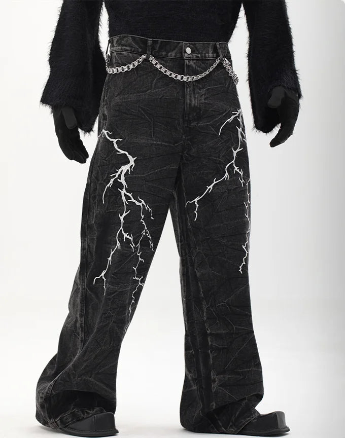 Y2K Lightning Embroidery Wide-Leg Jeans - Fuga Studios