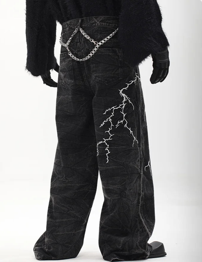 Y2K Lightning Embroidery Wide-Leg Jeans - Fuga Studios