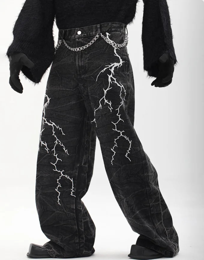 Y2K Lightning Embroidery Wide-Leg Jeans - Fuga Studios